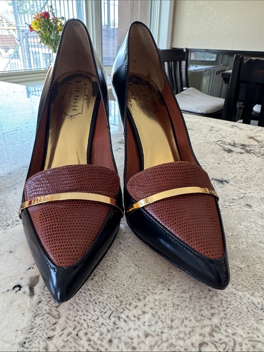 Ted Baker Black and Brown Pointed Toe Heels with Gold Trim - Picture 5 of 12